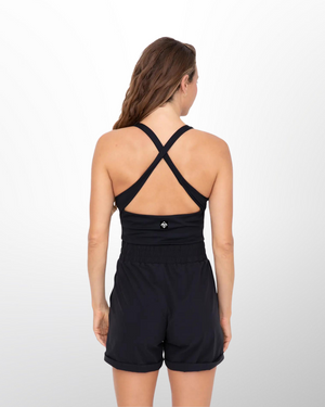 This image presents the Lakes and Grapes Black Active Running Shortsie, a versatile and comfortable activewear piece designed for women. Features a jersey tank with contouring princess seams thicker straps for support, and stretch woven shorts with slash pockets