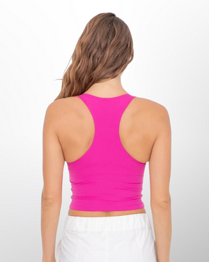 The Hera Racerback Active top in hot pink is designed for active wear and fitness activities. It features a stylish and functional racerback design, which provides freedom of movement for the arms and shoulders.
