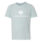 Youth ice blue classic tee with white Lakes and Grapes logo and lettering.