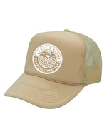 This image depicts the Lakes and Grapes Sand Coastal Lifestyle Trucker Hat. The hat is a classic trucker style with a structured front panel and a gently curved brim. It's a versatile and fashionable accessory suitable for outdoor activities and coastal enthusiasts.