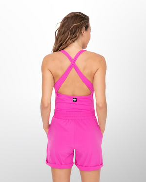 This image presents the Lakes and Grapes Pink Active Running Shortsie, a versatile and comfortable activewear piece designed for women. Features a jersey tank with contouring princess seams thicker straps for support, and stretch woven shorts with slash pockets