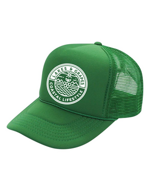 This image depicts the Lakes and Grapes Green Coastal Lifestyle Trucker Hat. The hat is a classic trucker style with a structured front panel and a gently curved brim. It's a versatile and fashionable accessory suitable for outdoor activities and coastal enthusiasts.