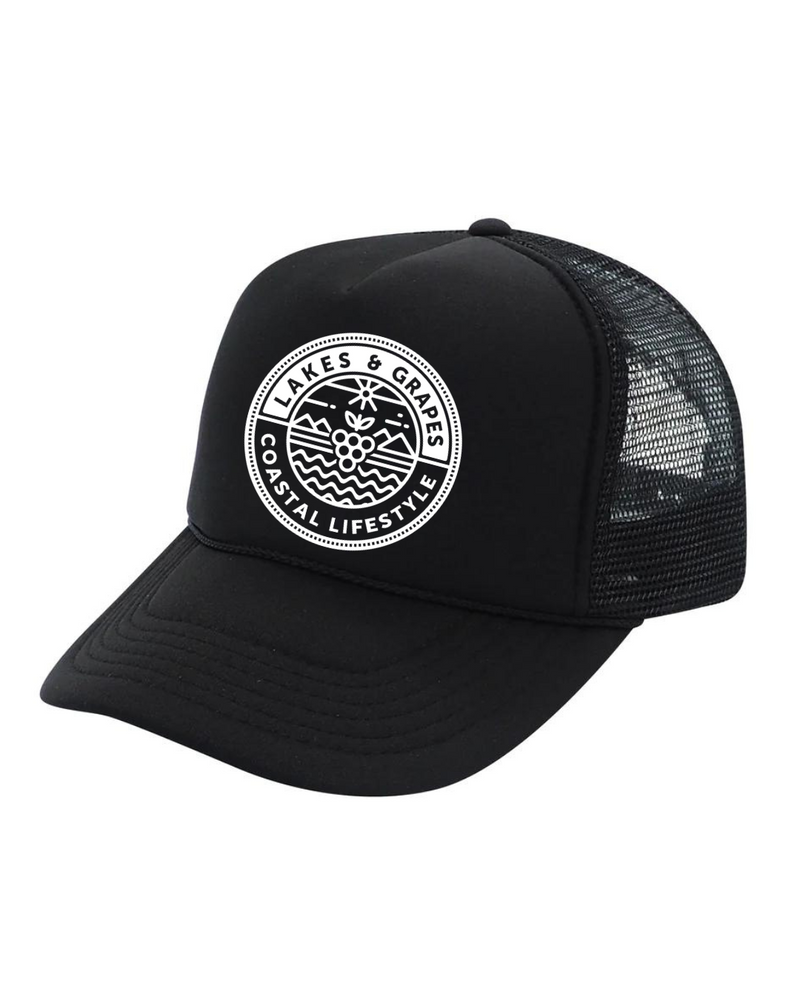 This image depicts the Lakes and Grapes Black Coastal Lifestyle Trucker Hat. The hat is a classic trucker style with a structured front panel and a gently curved brim. It's a versatile and fashionable accessory suitable for outdoor activities and coastal enthusiasts.