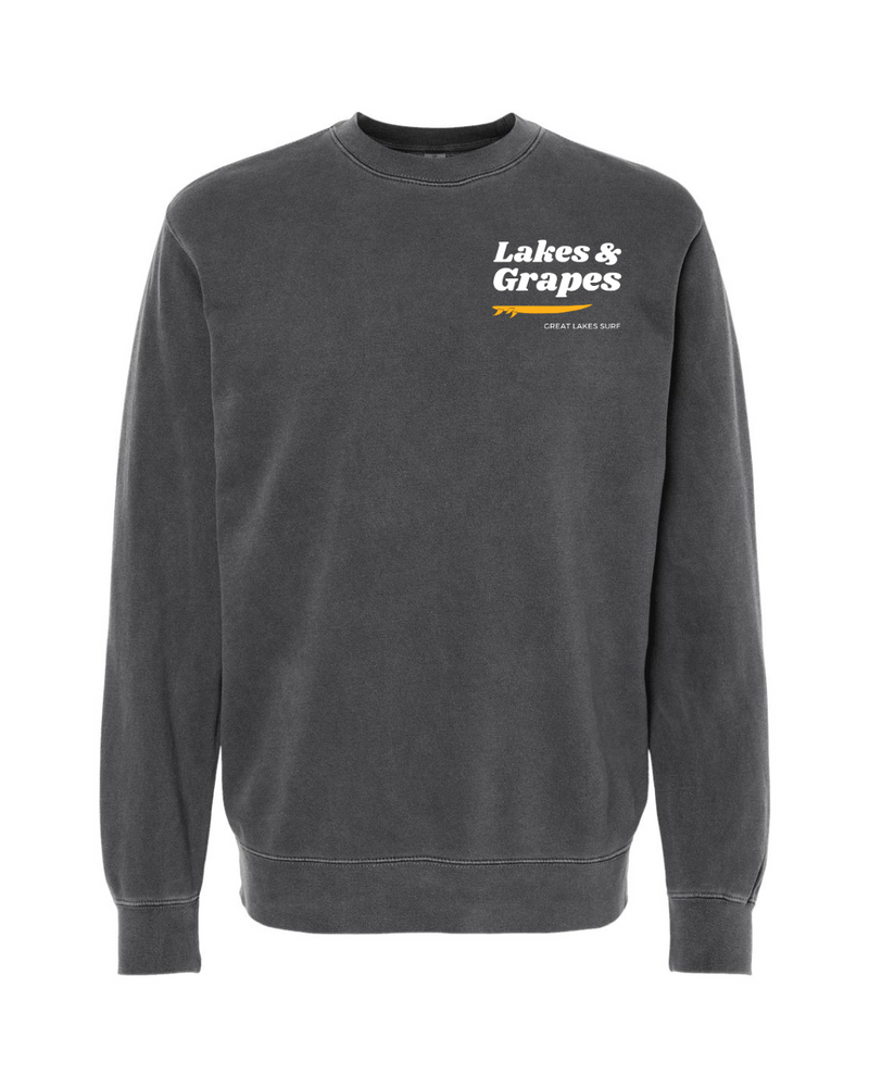 In this image, we see a Lakes and Grapes Great Lakes Surf Crew Sweatshirt. It features a classic crewneck design with long sleeves, ideal for cooler weather or casual wear. 