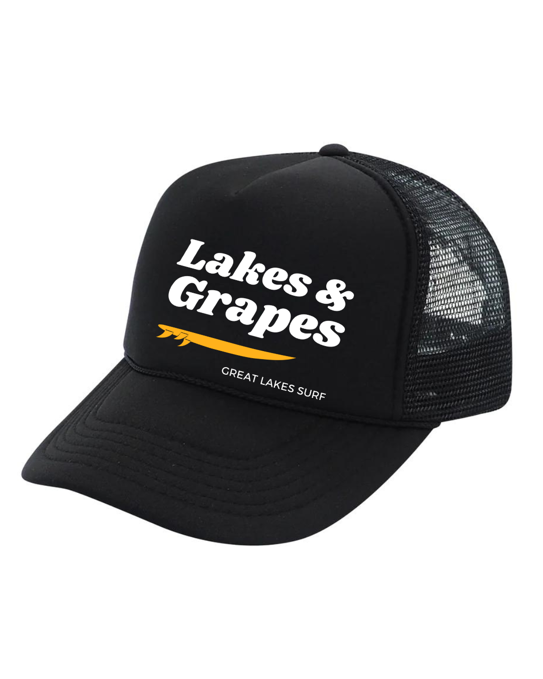 In this image, we see a Lakes and Grapes Black Great Lakes Surf Trucker Hat. Experience comfort and style as you embrace the spirit of the Great Lakes.