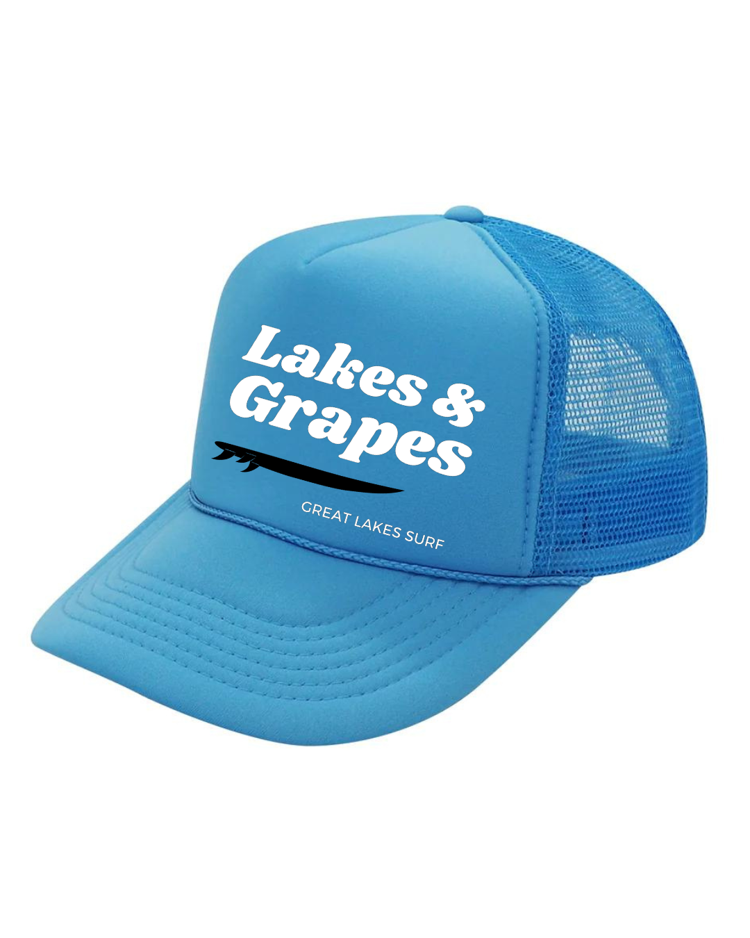 In this image, we see a Lakes and Grapes Blue Great Lakes Surf Trucker Hat. Experience comfort and style as you embrace the spirit of the Great Lakes.