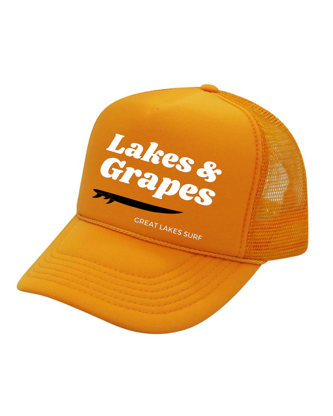 In this image, we see a Lakes and Grapes Gold Great Lakes Surf Trucker Hat. Experience comfort and style as you embrace the spirit of the Great Lakes.