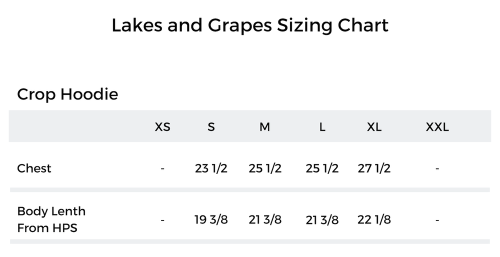 The Lakes and Grapes Sizing Chart of the Crop Hoodie