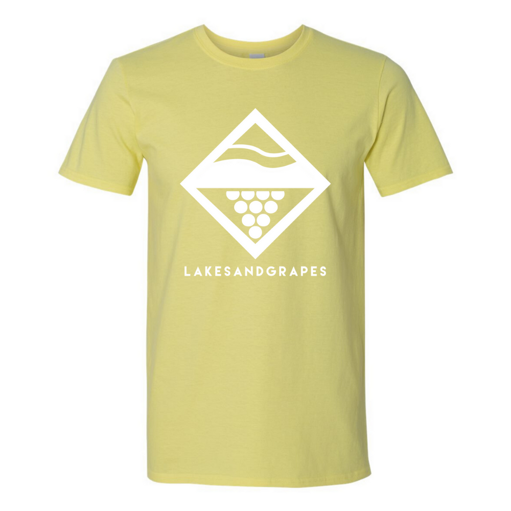 Lakes and Grapes lake diamond tee in Yellow with white logo and lettering.