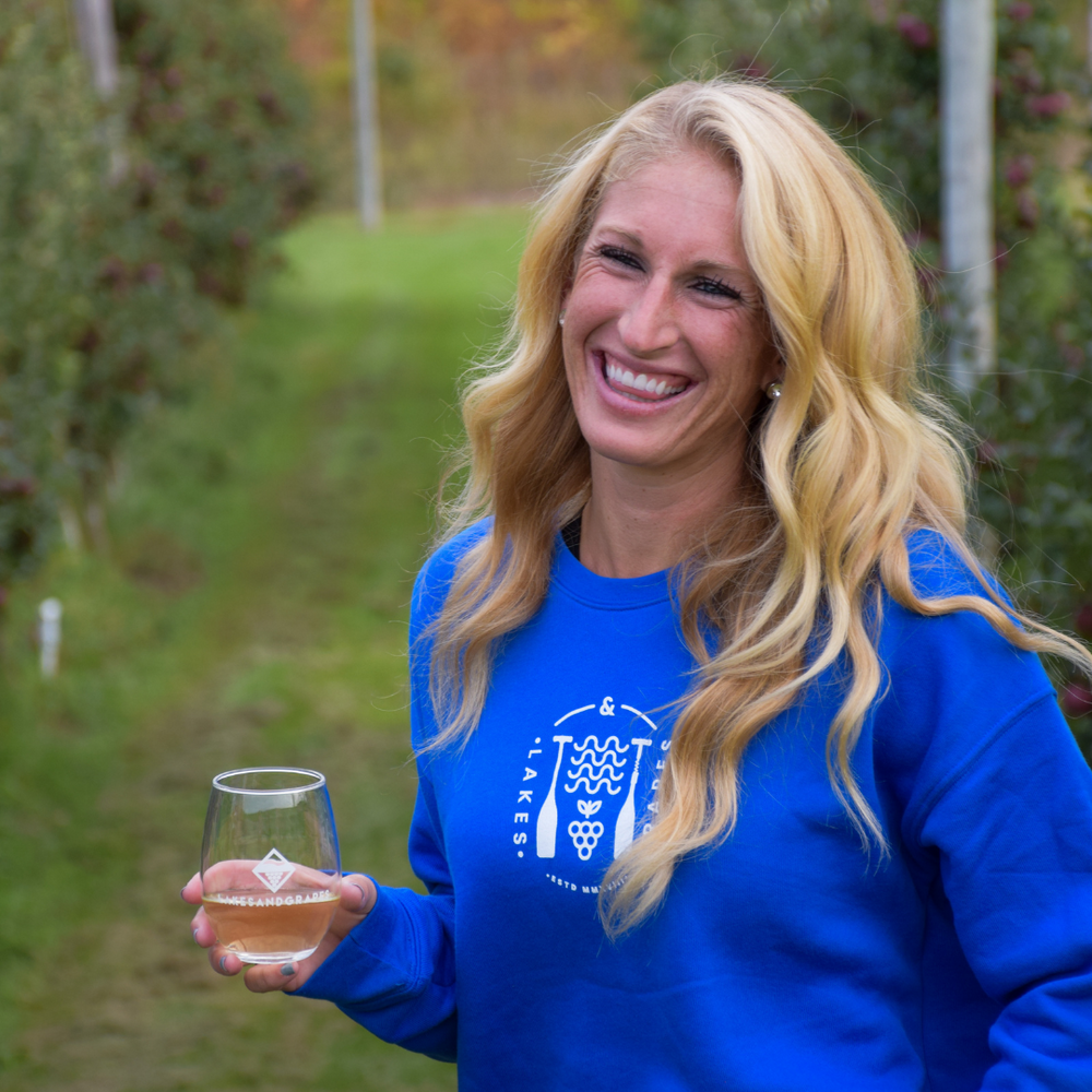 Lakes and Grapes royal Lifestyle Crew is perfect to wear in the Traverse City vineyards.