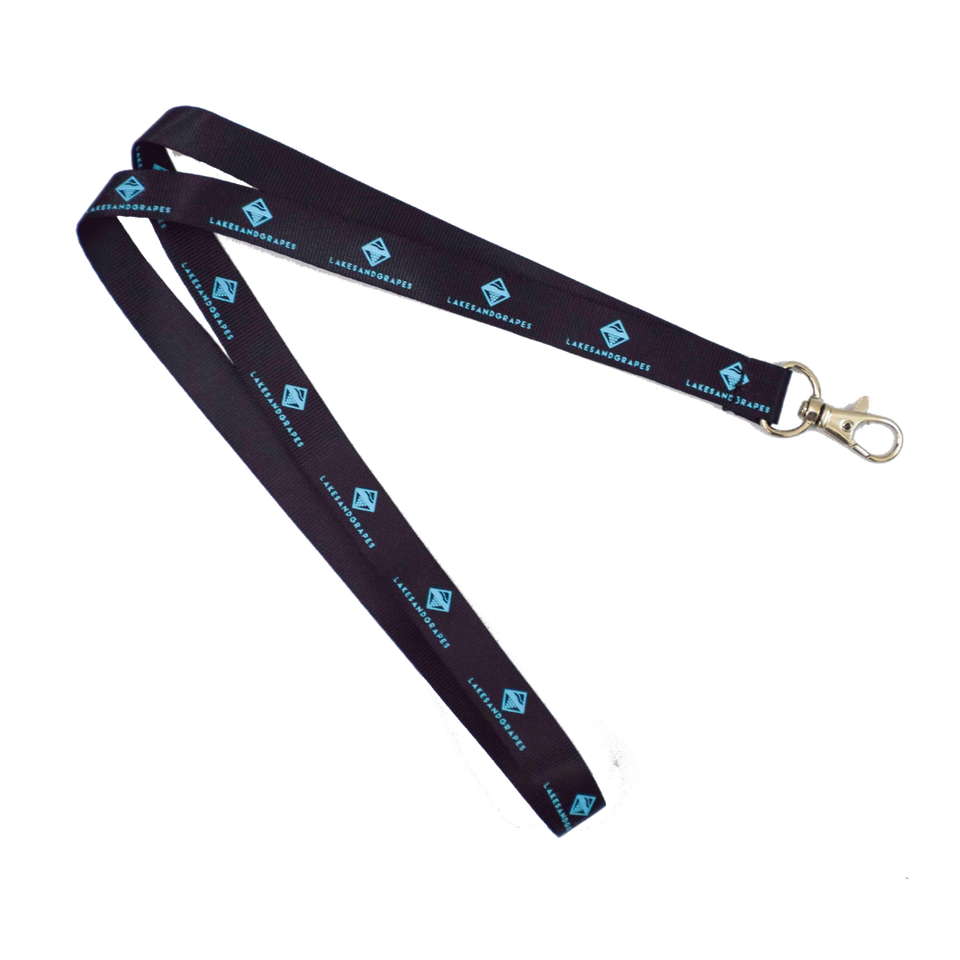 Lakes and Grapes black lanyard with blue logo and lettering.