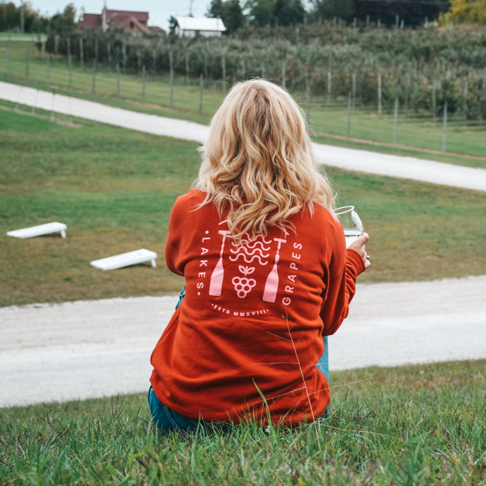 Wine Tasting on the hill at Two K Farms in your Rose by the Bay Crew Sweatshirt