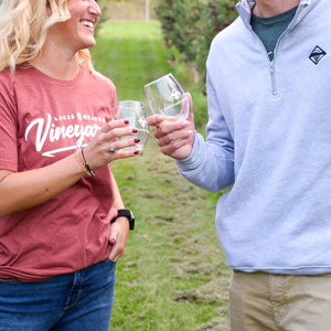 Wineries in Traverse City in the Fall wearing the Lakes and Grapes Vineyard Tee-Clay