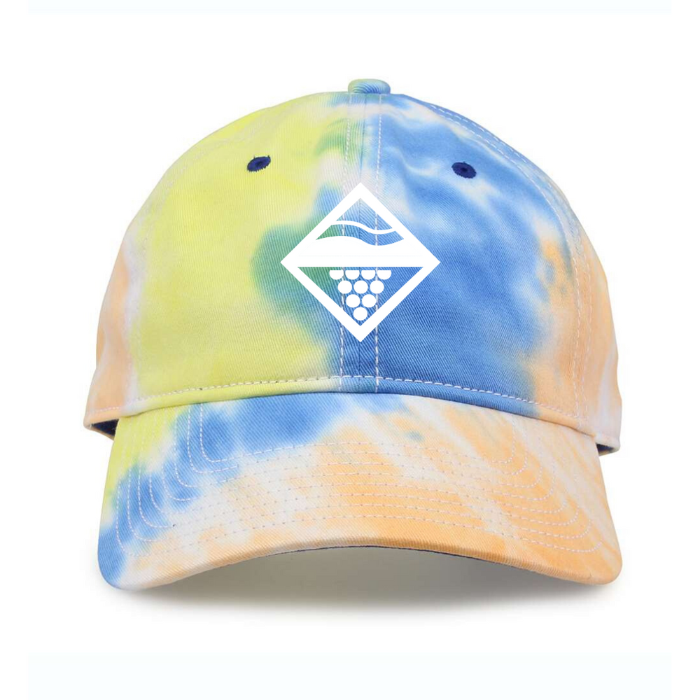Front logo design on the Lakes and Grapes Tie Dye Hat perfect for catching sunset on Lake Michigan