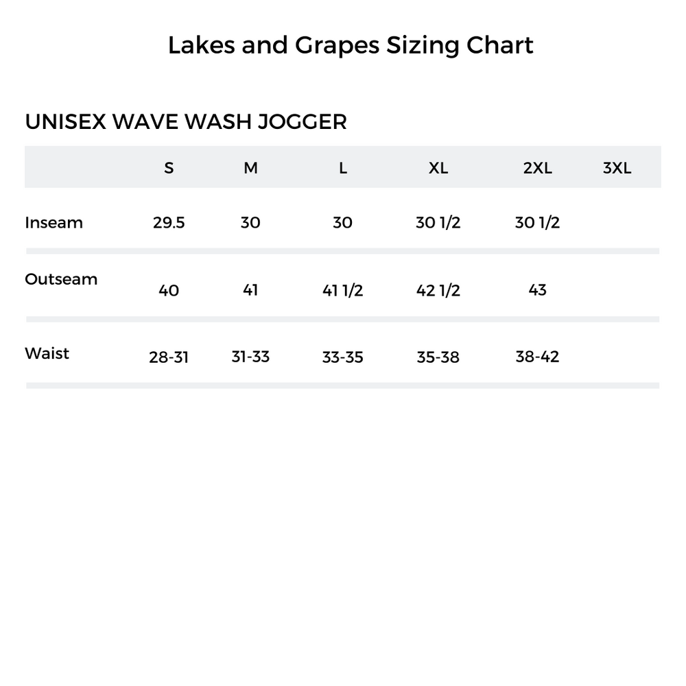 
            
                Load image into Gallery viewer, Wave Wash Jogger Size Chart
            
        