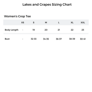 Lakes and Grapes Sizing Chart of the Women's Crop Tee