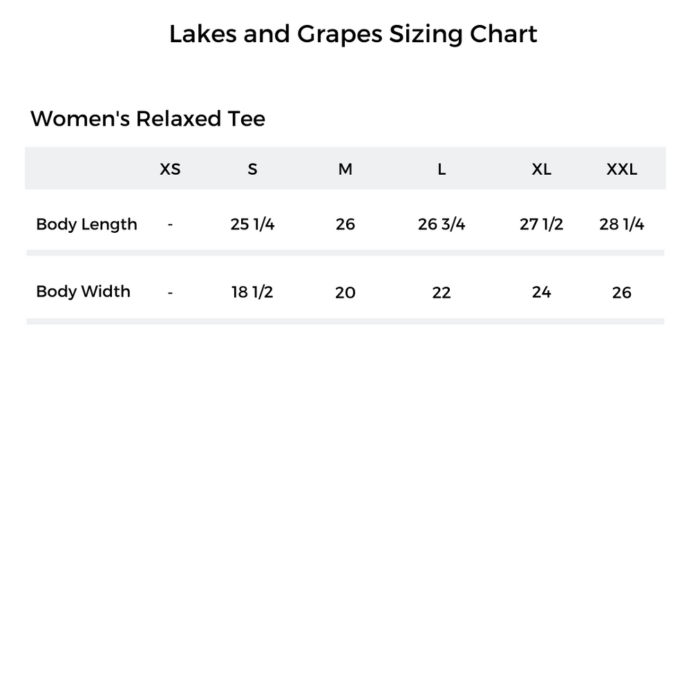 
            
                Load image into Gallery viewer, Lakes and Grapes Sizing Chart of the Women&amp;#39;s Relaxed Tee
            
        