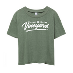 The Lakes and Grapes Women's Vineyard Crop Tee is soft and can be styled on your next Wine Tour in Traverse City