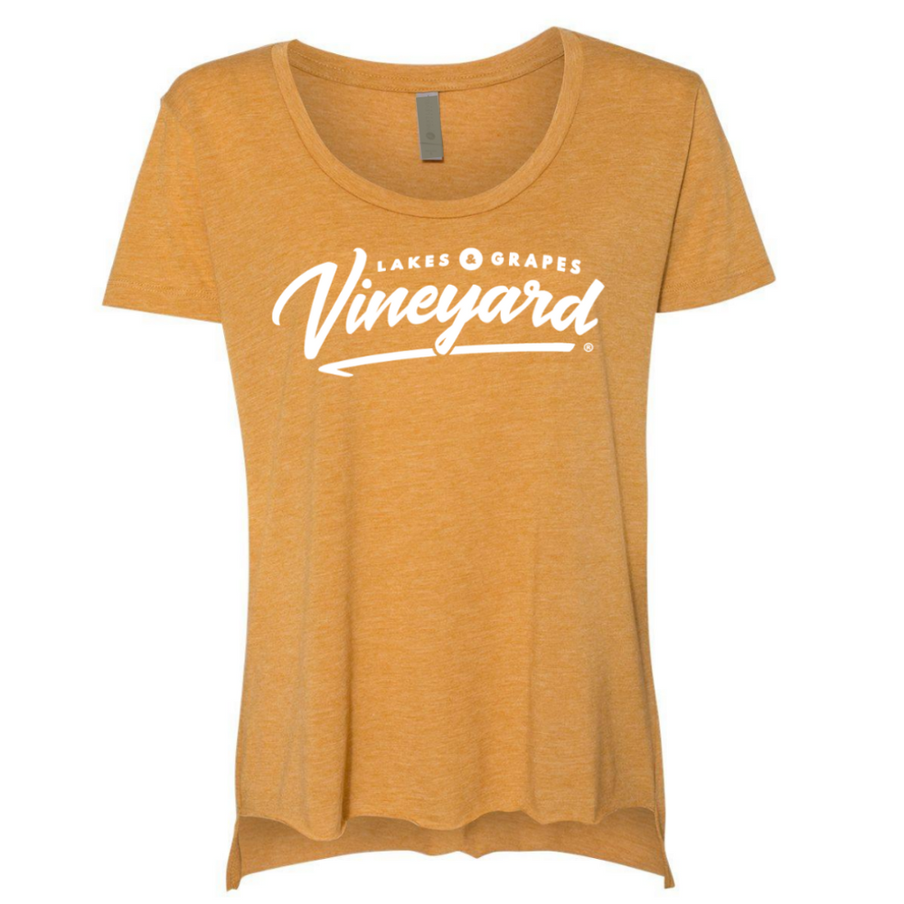 The Women's Vineyard Scoop Tee- Gold is a lightweight tee that is perfect for your next Wine Tour in Northern Michigan