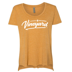 
            
                Load image into Gallery viewer, The Women&amp;#39;s Vineyard Scoop Tee- Gold is a lightweight tee that is perfect for your next Wine Tour in Northern Michigan
            
        