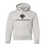 Lakes and Grapes youth classic hoodie in grey with black logo and lettering.
