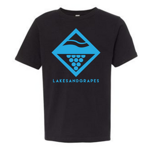 Youth Lakes and Grapes lake diamond tee in black with blue logo and lettering.
