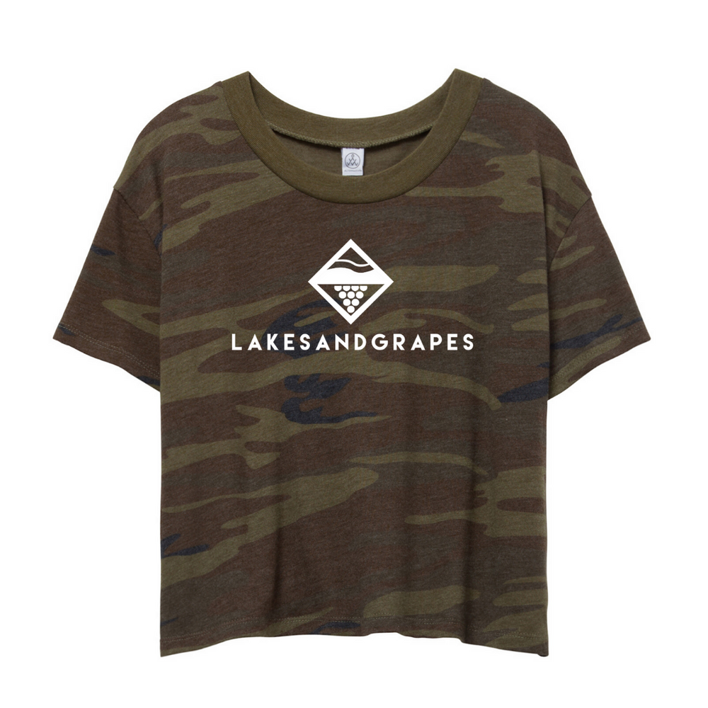 
            
                Load image into Gallery viewer, The Lakes and Grapes Women&amp;#39;s Classic Camo Crop Tee is so soft and perfect for any occasion
            
        